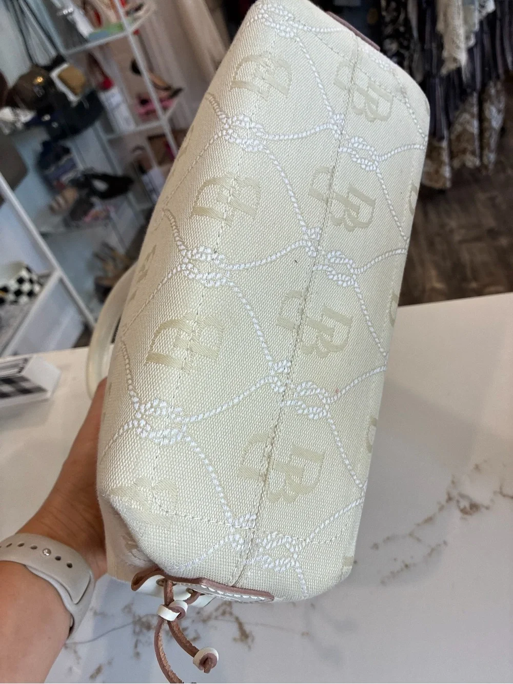 Dooney & Bourke Cream Satchel with Tassel and Gold Hardware